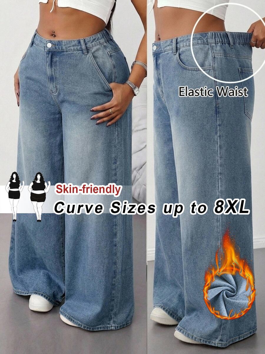 SHEIN CURVE+ Plus Size Fashion Button Pocket Loose Fit Denim Jeans Teacher Outfits For Women - Blue - View 1
