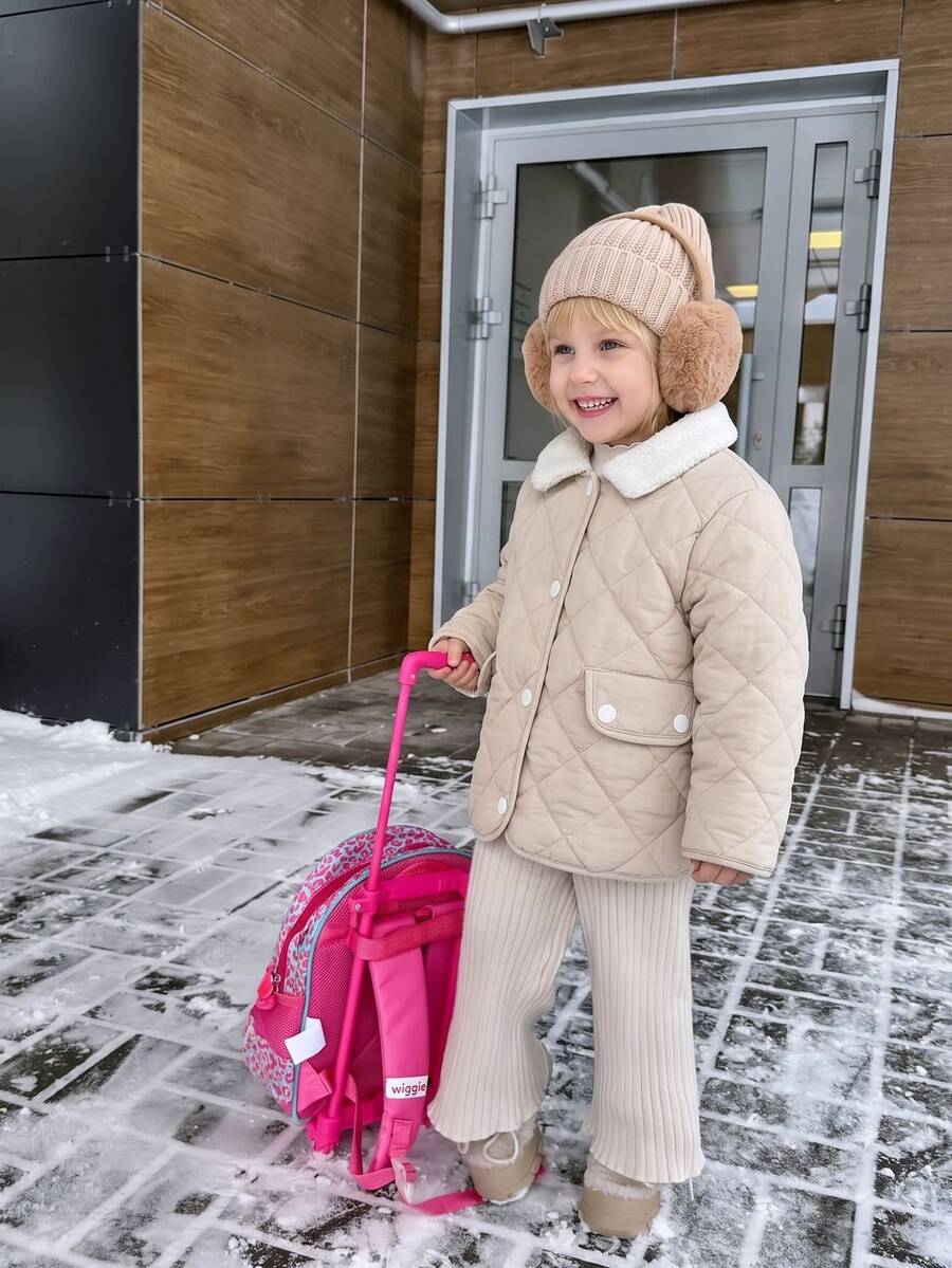 Elladie kids 少女冬季杏色菱格縫線白色搖粒絨領長袖外套口袋 Y2K 西式可愛上衣 秋季萬聖節聖誕節 - 杏色 - 查看 1