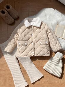 Elladie kids 少女冬季杏色菱格縫線白色搖粒絨領長袖外套口袋 Y2K 西式可愛上衣 秋季萬聖節聖誕節 - 杏色 - 查看 7