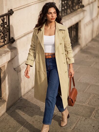 Juhart Plus Size Women's Woven Regular Fit Autumn/Winter Relaxed American Vintage Brown Lapel Button-Down Loose Plus Size Knee-Length Cargo Street Style Casual Premium Trench Coat