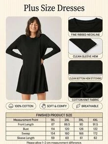 SHEIN Plus Size Women Casual Black Solid Color Round Neck Long Sleeve Short T-Shirt Dress - Black - View 3