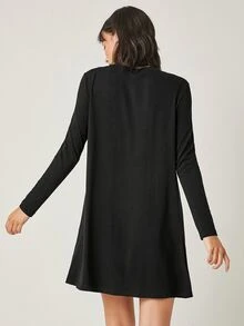 SHEIN Plus Size Women Casual Black Solid Color Round Neck Long Sleeve Short T-Shirt Dress - Black - View 2