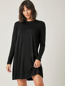 SHEIN Plus Size Women Casual Black Solid Color Round Neck Long Sleeve Short T-Shirt Dress - Black - View 7