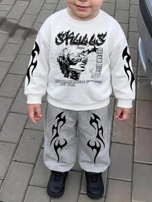 男童 2 件組圖案衛衣與慢跑長褲套裝，火焰印花休閒街頭風穿搭 - 彩色 - 查看 2