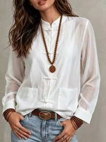Ceyna Plus Size Women's French Casual Elegant Loose Long Sleeve Blouse - White - View 3