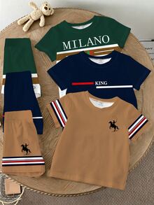 3 Sets Of Young Boys' Summer New Short Sleeve Sets: Knight Print Color Block Striped Two Pieces Set For Boys' Casual Comfort Wear - Multicolor - View 4