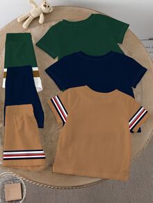 3 Sets Of Young Boys' Summer New Short Sleeve Sets: Knight Print Color Block Striped Two Pieces Set For Boys' Casual Comfort Wear - Multicolor - View 3