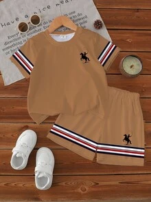 3 Sets Of Young Boys' Summer New Short Sleeve Sets: Knight Print Color Block Striped Two Pieces Set For Boys' Casual Comfort Wear - Multicolor - View 5
