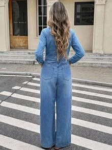 Serisse 女款V領長袖鈕扣休閒街頭風牛仔連身褲，秋季優雅穿搭，辦公旅行穿著，奢華正式度假淺藍色 - 藍色 - 查看 3
