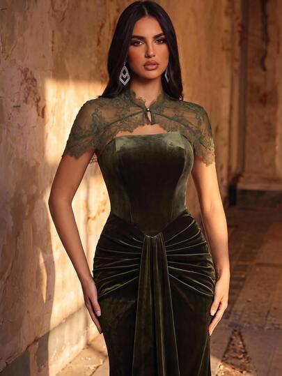 Aureia Dark Green Velvet Evening Gown With Lace Cape, Strapless Corset Bodice, Ruched Waist And Mermaid Floor-Length Fit For Gala, Prom And Wedding Guest