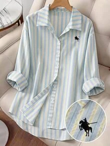 SHEIN LUNE 大尺碼女款藍黃配色馬術印花休閒傳統軟挺 90 年代日常穿著正式襯衫 教師節辦公室秋季 - 彩色 - 查看 1