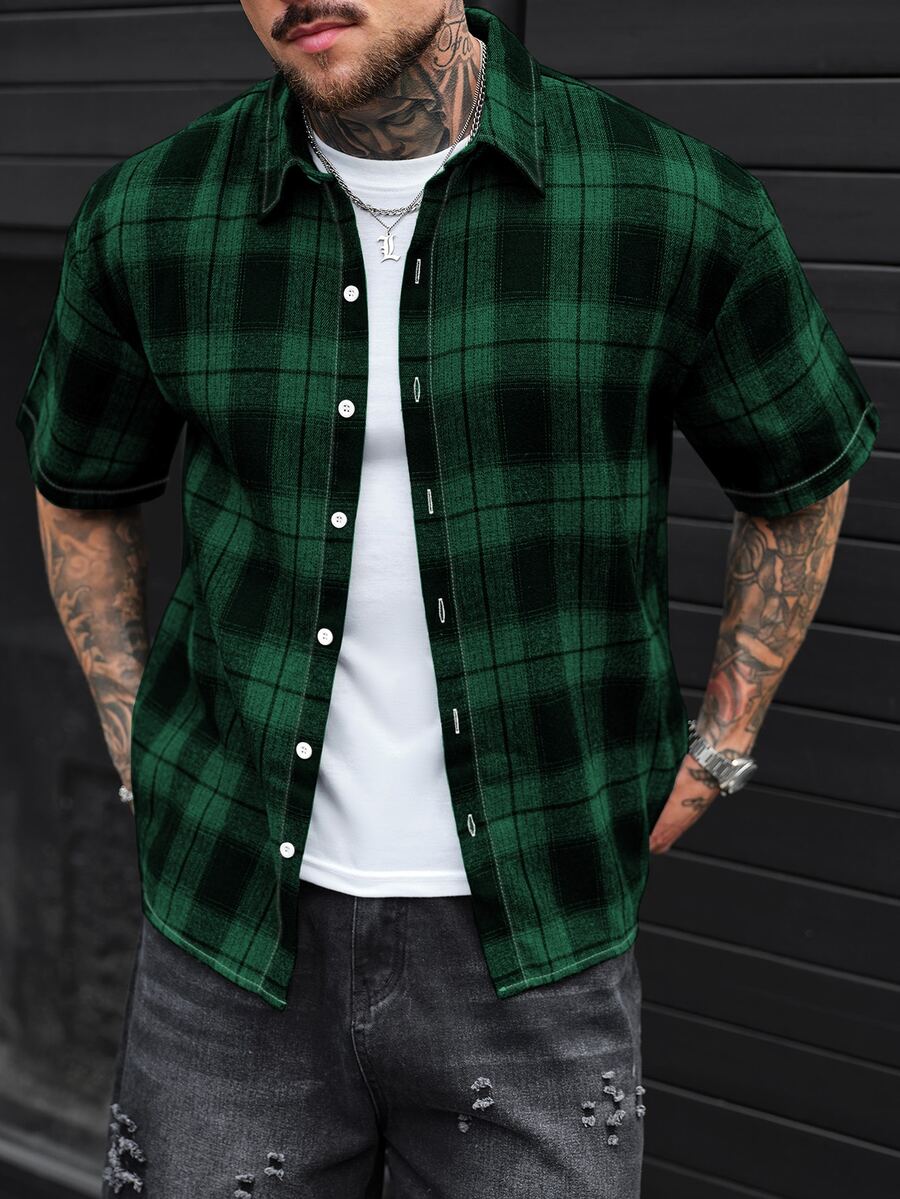Manfinity CasualCool 男士格紋單排扣休閒短袖襯衫,適合日常穿著 - 彩色 - 查看 1