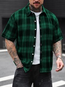 Manfinity CasualCool 男士格紋單排扣休閒短袖襯衫，適合日常穿著 - 彩色 - 查看 4