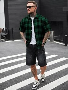 Manfinity CasualCool 男士格紋單排扣休閒短袖襯衫，適合日常穿著 - 彩色 - 查看 6