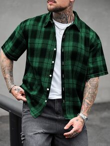 Manfinity CasualCool 男士格紋單排扣休閒短袖襯衫，適合日常穿著 - 彩色 - 查看 3