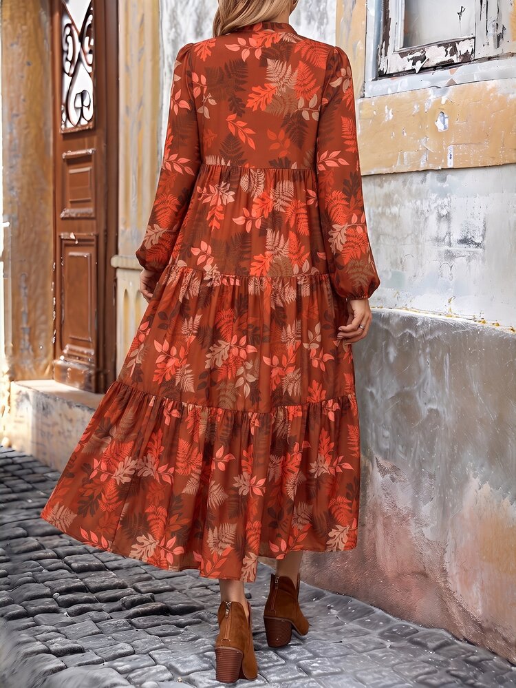 EMERY ROSE Women's Thanksgiving Floral Print Notched V-Neck Lantern Sleeve Elegant Tropical Boho Midi Dress Shades Of Brown Autumn - Orange Red - View 2