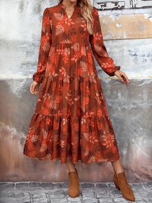 EMERY ROSE 女款感恩節花卉印花缺口V領燈籠袖優雅熱帶波希米亞風中長洋裝 棕色調秋季 - 橘紅色 - 查看 4