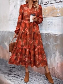 EMERY ROSE 女款感恩節花卉印花缺口V領燈籠袖優雅熱帶波希米亞風中長洋裝 棕色調秋季 - 橘紅色 - 查看 3