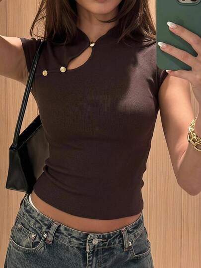 SHEIN Tall Women's Fashion New Chinese Style Stand Collar Pullover Knit Sweater, Solid Coffee Color, Suitable For Back To School Season And Teacher Wear