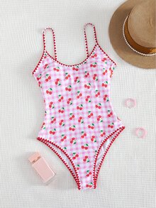 SHEIN Swim 夏季新款欧美风性感高衩连体泳衣，红色撞色吉祥鱼纹印花，细肩带，荷叶边下摆，带胸垫，修身剪裁，适合海滩、泳池派对、生日、度假等场合。 - 彩色 - 查看 3