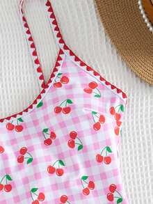 SHEIN Swim 夏季新款欧美风性感高衩连体泳衣，红色撞色吉祥鱼纹印花，细肩带，荷叶边下摆，带胸垫，修身剪裁，适合海滩、泳池派对、生日、度假等场合。 - 彩色 - 查看 5