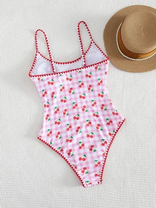 SHEIN Swim 夏季新款欧美风性感高衩连体泳衣，红色撞色吉祥鱼纹印花，细肩带，荷叶边下摆，带胸垫，修身剪裁，适合海滩、泳池派对、生日、度假等场合。 - 彩色 - 查看 2