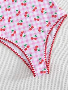 SHEIN Swim 夏季新款欧美风性感高衩连体泳衣，红色撞色吉祥鱼纹印花，细肩带，荷叶边下摆，带胸垫，修身剪裁，适合海滩、泳池派对、生日、度假等场合。 - 彩色 - 查看 6
