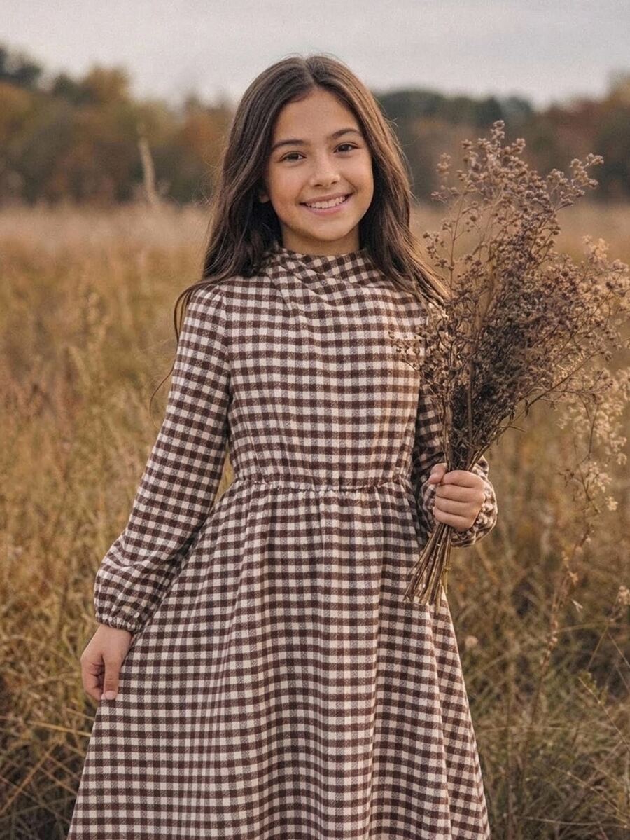 SHEIN Tween Girl Spring/Autumn New Coffee Color Plaid Asymmetric Pleated Collar Elastic Waist Snug Fit Maxi Dress - Multicolor - View 1