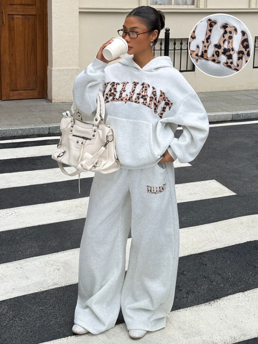 Muchica 女款黑白豹紋針織字母圖案連帽衛衣與運動長褲休閒街頭風套裝,適合秋季穿搭、健身、外出、旅行、機場 - 灰色 - 查看 1