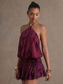 Hauture WOMEN'S HALTER NECK BUBBLE PRINTED CHIFFON LUREX SUMMER MINI DRESS - Red Violet - View 4