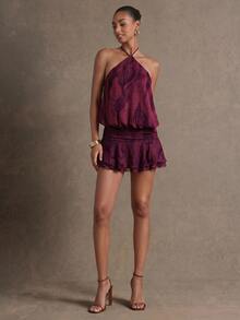 Hauture WOMEN'S HALTER NECK BUBBLE PRINTED CHIFFON LUREX SUMMER MINI DRESS - Red Violet - View 1