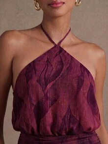 Hauture WOMEN'S HALTER NECK BUBBLE PRINTED CHIFFON LUREX SUMMER MINI DRESS - Red Violet - View 5
