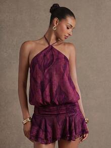Hauture WOMEN'S HALTER NECK BUBBLE PRINTED CHIFFON LUREX SUMMER MINI DRESS - Red Violet - View 3