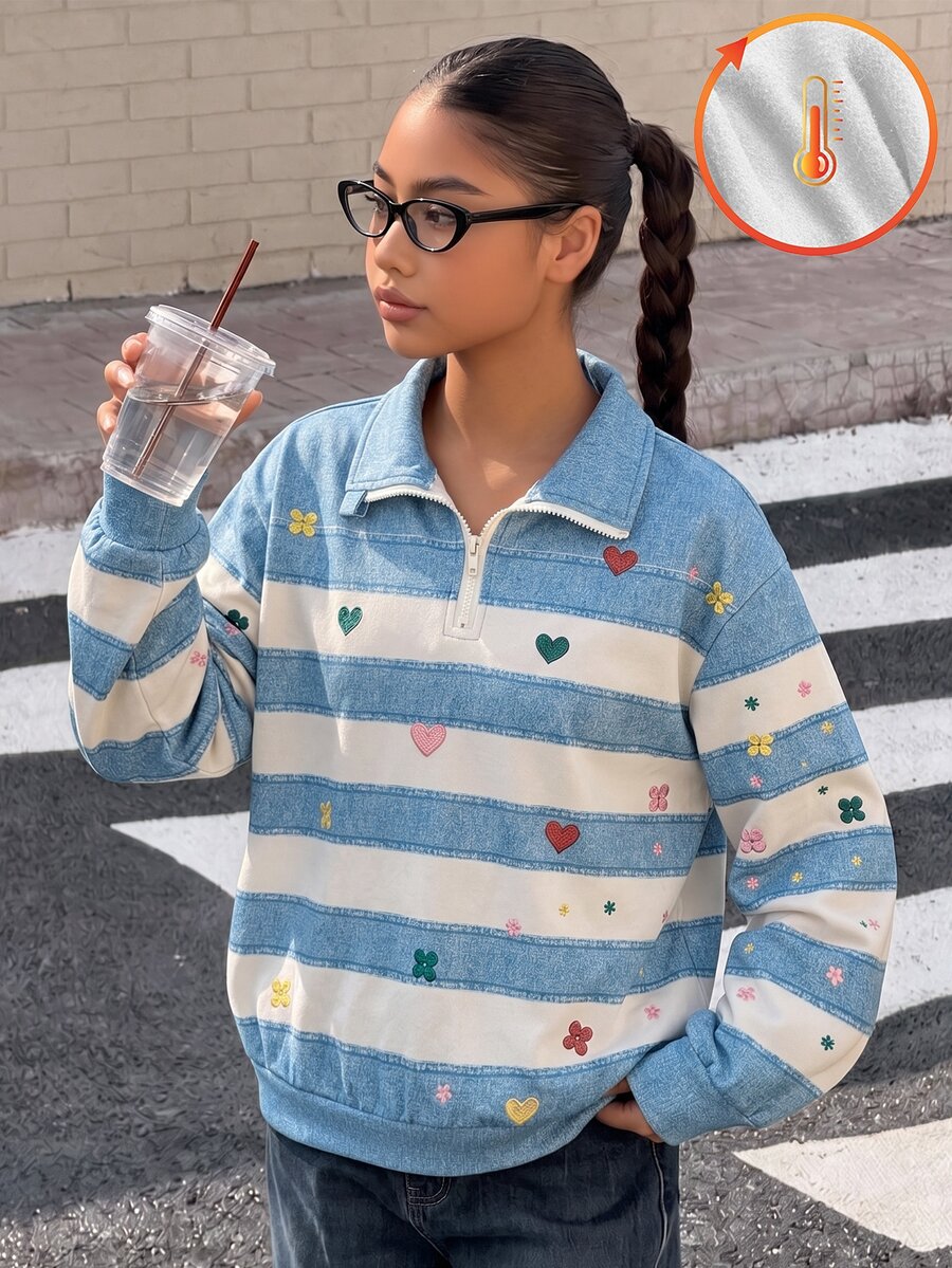 Tween Girls Striped Half Zip Sweatshirt, Cute Heart Flower Print Quarter Zip Pullover, Warm Thermal Fleece Jacket Fall Clothes For Big Kids - Multicolor - View 1
