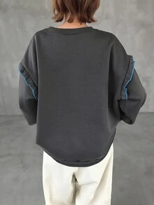FRIFUL Women's Autumn Contrast Color Trim Letter Print Sweatshirt - Grey - View 2