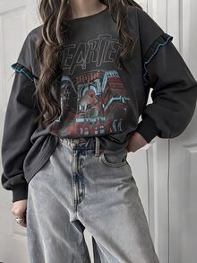 FRIFUL Women's Autumn Contrast Color Trim Letter Print Sweatshirt - Grey - View 1