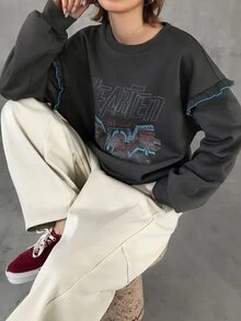 FRIFUL Women's Autumn Contrast Color Trim Letter Print Sweatshirt - Grey - View 5