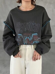 FRIFUL Women's Autumn Contrast Color Trim Letter Print Sweatshirt - Grey - View 8