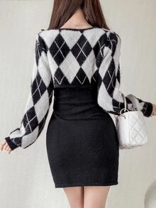 FRIFUL Women's Autumn Plaid Outerwear & Inner Layer Cinched Waist Short Tank Dress & Sweater 2 Pieces Set - Black - View 2