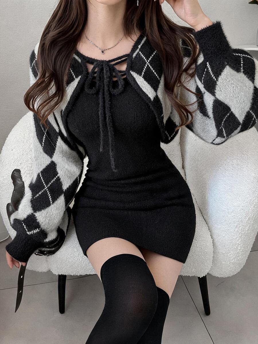 FRIFUL Women's Autumn Plaid Outerwear & Inner Layer Cinched Waist Short Tank Dress & Sweater 2 Pieces Set - Black - View 1