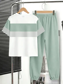 Conjunto de camiseta de cuello redondo de manga corta y pantalones largos casual, cómodo y de moda minimalista para niño preadolescente, estampado clásico y fresco de patrón de cuadros divididos, estampado de texto de logotipo pequeño y exquisito, adecuado para la temporada de otoño/invierno de vuelta al colegio - Blanco - Ver 4