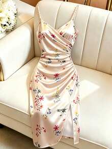 GlowEve Women's Champagne Satin Printed Spaghetti Strap Dress, Pearl Decorated Waistband Side Slit French Elegant Dress - Multicolor - View 1
