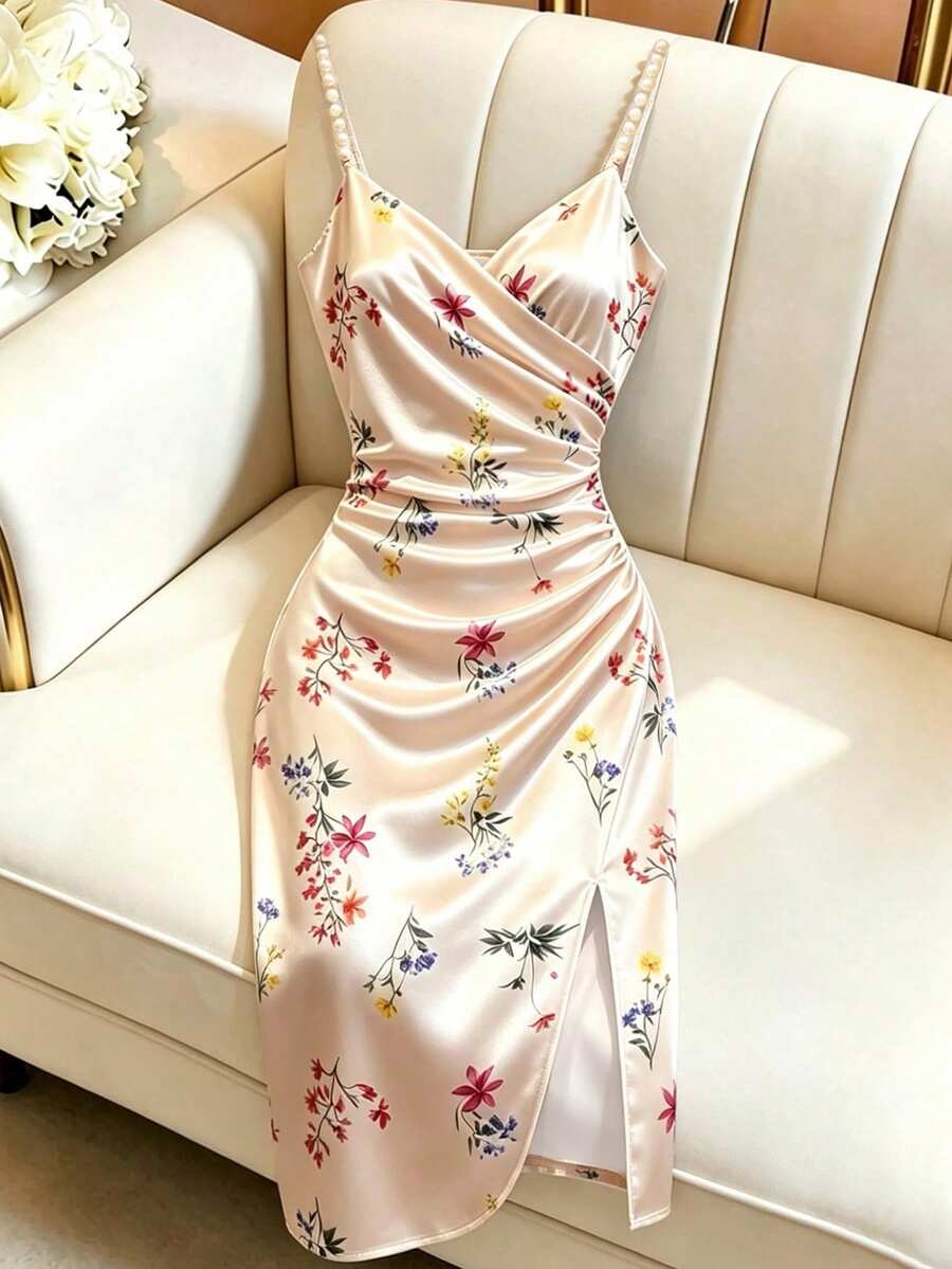 GlowEve Women's Champagne Satin Printed Spaghetti Strap Dress, Pearl Decorated Waistband Side Slit French Elegant Dress - Multicolor - View 1