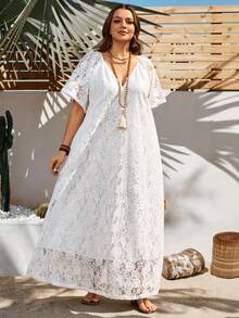 Rosumi Plus Size Women's White Summer Boho Vacation Holiday Lace Long Dress,Country Concert Outfit,Beach Flowy Dress,Western Style Casual Outfits For Women - White - View 11