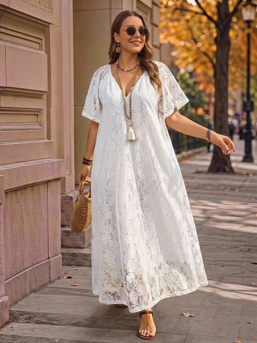 Rosumi Plus Size Women's White Summer Boho Vacation Holiday Lace Long Dress,Country Concert Outfit,Beach Flowy Dress,Western Style Casual Outfits For Women