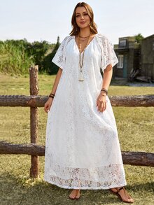 Rosumi Plus Size Women's White Summer Boho Vacation Holiday Lace Long Dress,Country Concert Outfit,Beach Flowy Dress,Western Style Casual Outfits For Women - White - View 8