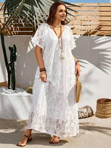 Rosumi Plus Size Women's White Summer Boho Vacation Holiday Lace Long Dress,Country Concert Outfit,Beach Flowy Dress,Western Style Casual Outfits For Women - White - View 12
