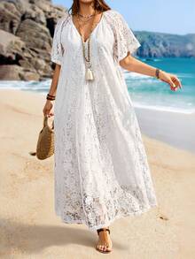 Rosumi Plus Size Women's White Summer Boho Vacation Holiday Lace Long Dress,Country Concert Outfit,Beach Flowy Dress,Western Style Casual Outfits For Women - White - View 14