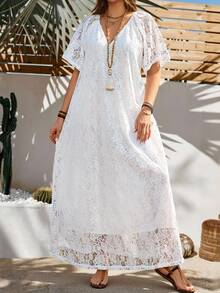 Rosumi Plus Size Women's White Summer Boho Vacation Holiday Lace Long Dress,Country Concert Outfit,Beach Flowy Dress,Western Style Casual Outfits For Women - White - View 9