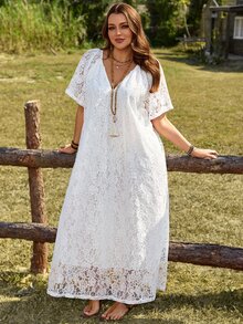 Rosumi Plus Size Women's White Summer Boho Vacation Holiday Lace Long Dress,Country Concert Outfit,Beach Flowy Dress,Western Style Casual Outfits For Women - White - View 7